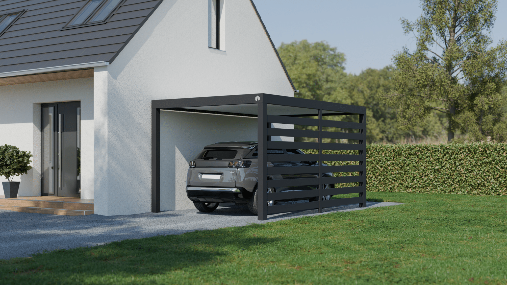 Installation carport en aluminium sur le côté d'une maison pour protéger une voiture